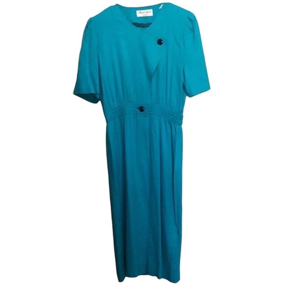 Albert Nipon Petites Vintage 80s Teal Blue Asymmetrical Button Midi Dress
